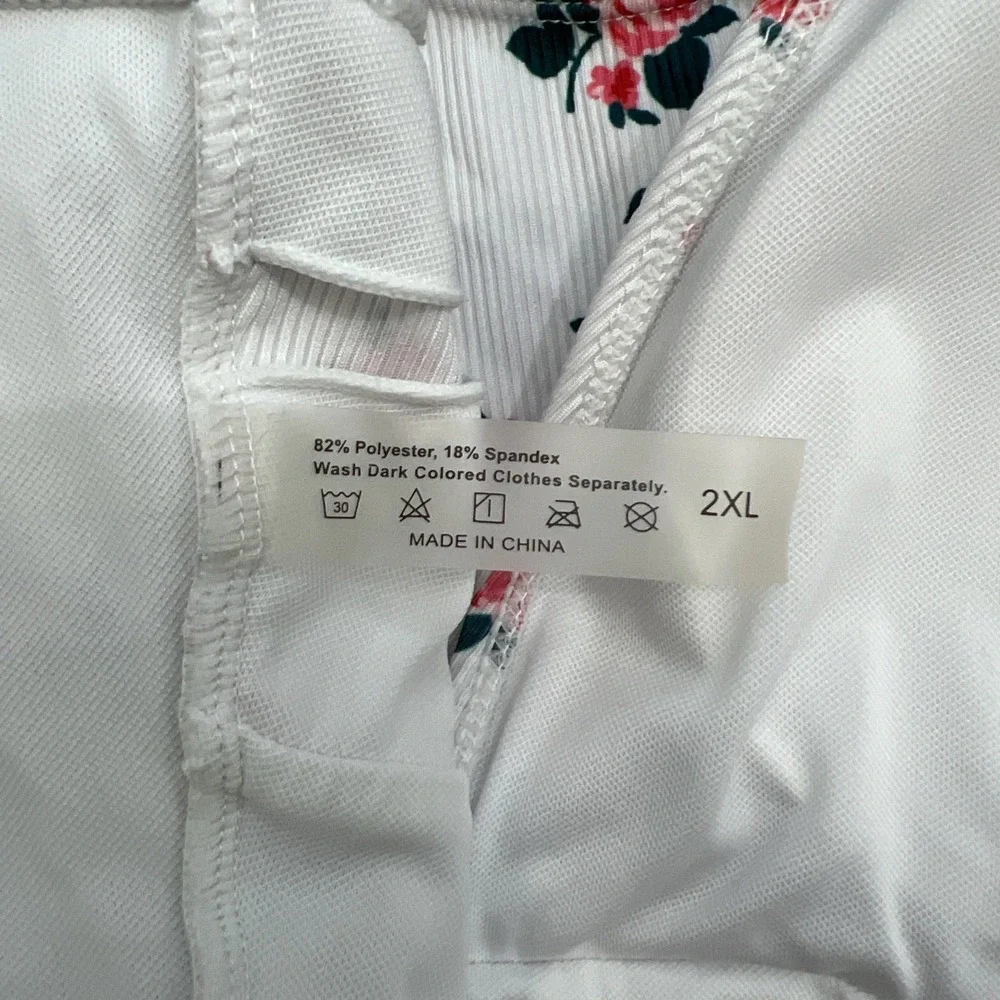 Womens 2XL Floral Ribbed Tankini Top White Pink Peplum Plus Size Swimwear